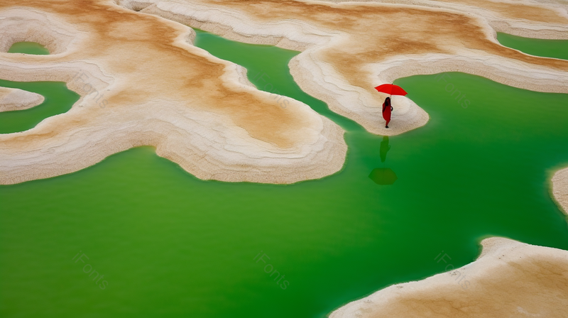 碧绿色湖边撑着红伞欣赏风景的人摄影真实,高清,摄影图,摄影图片,图片大全,摄影图免费下载